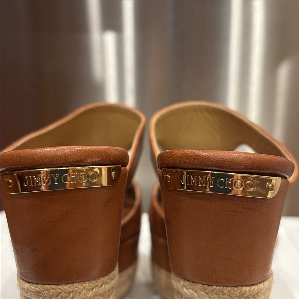Jimmy Choo Tan Leather Espadrille Wedge Sandals - Picture 9 of 15